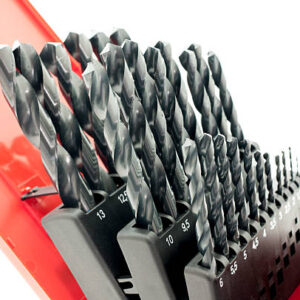 Complete serie of power drill bits in their box isolated on white