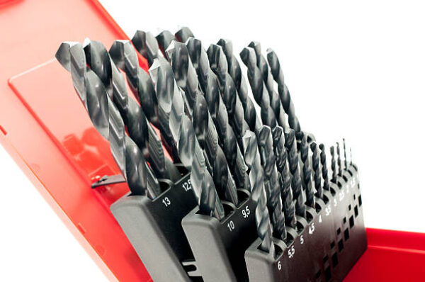 Complete serie of power drill bits in their box isolated on white
