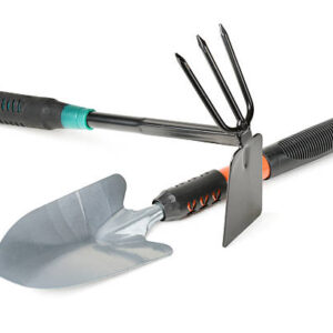 Small shovel and weeder to work in the garden on white background